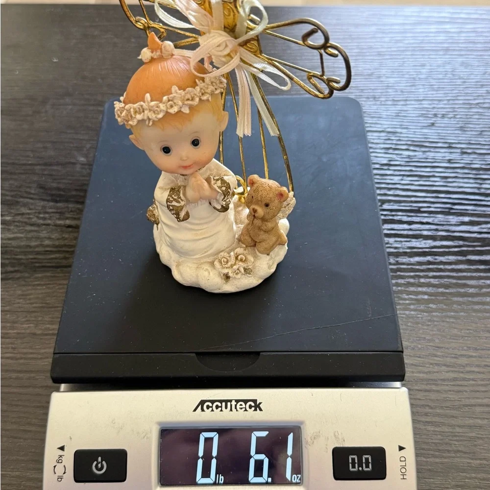 White and Gold Angel Favor Figurine with Teddy and Cross Accent